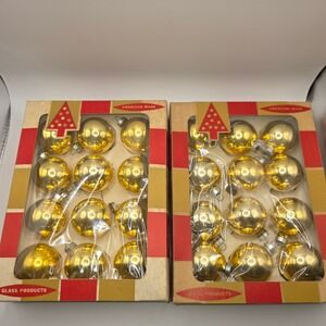 24 Vintage American Made Gold Glass Ball Christmas Ornaments 2 Boxes 12 Each MCM